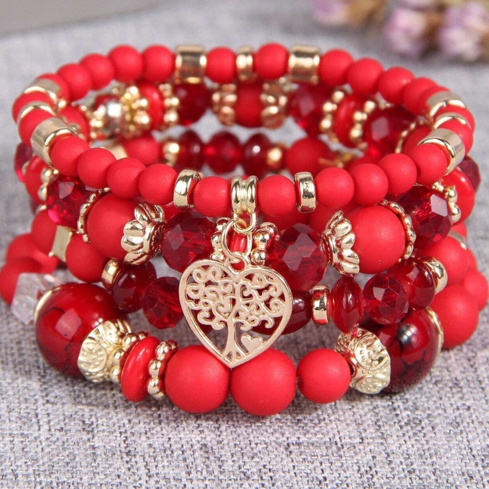 Tree of Life Heart Bead Bracelet Set